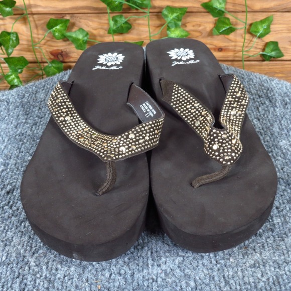 Yellow Box Africa Womens Size 11 Brown Leather Wedge Thong Sandals Platform - Picture 2 of 7